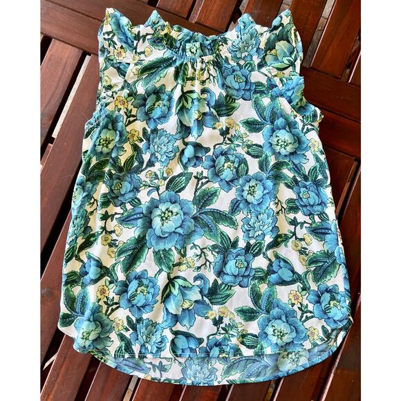 LOFT Blue and Green Floral Sleeveless Ruffle Top Blouse XXSP petite - Picture 2 of 4